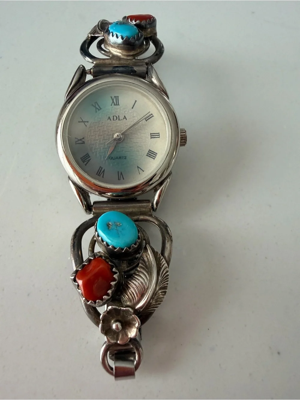 Adla Quartz Sterling Silver Turquoise & Coral Stone Bracelet Watch-Vintage rare